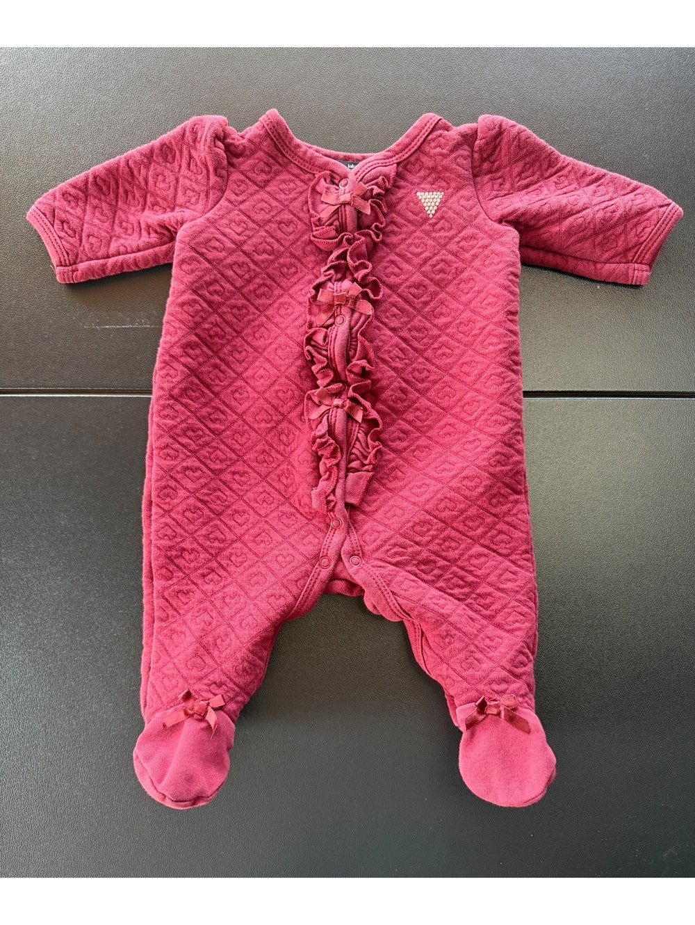 Baby GUESS Girls 0-3M Pink Quilted Logo Ruffle Bow Footed Sleeper Romper